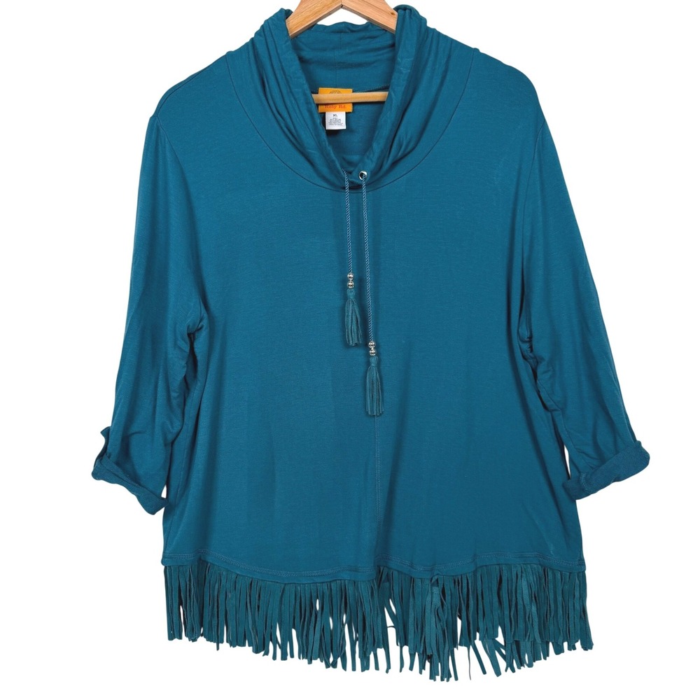 Ruby Rd Top Womens XL Teal Blue Cowl Neck Fringe Hem Tassel 3/4 Sleeve 13150